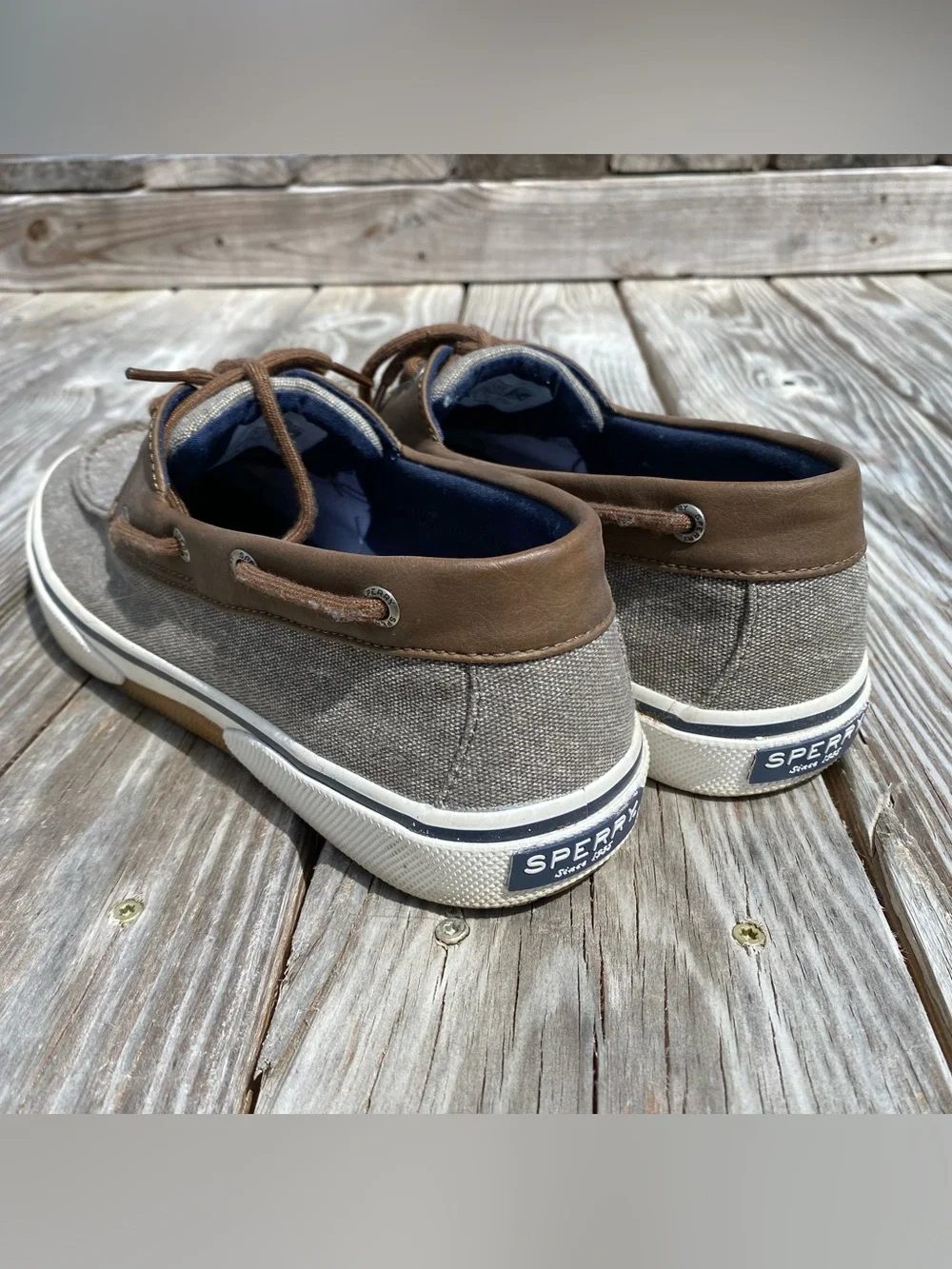 Sperry Men’s Taupe Canvas and Brown Leather Boat Shoes